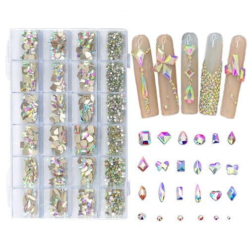 AMLAVIFISH Light Pink Nail Rhinestones, 5380Pcs Flatback Glass Charms Gems Stones, 24 Grids 19 Types of Shaped Nail Art Rhinestones Kit with Picking Pen and Tweezers, 6 Sizes for Decoration Face