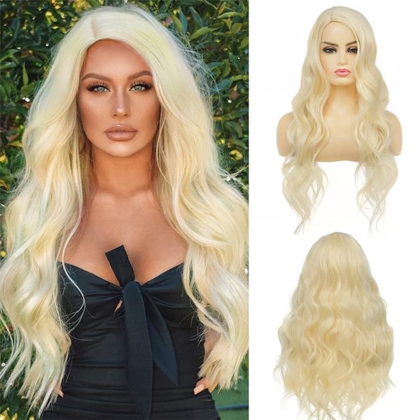Amnenl Curly Long Blonde Wig for Women Wavy Side Part Wig Natural Synthetic Hair for Cosplay Costume Hair Wigs for Women(Blonde)