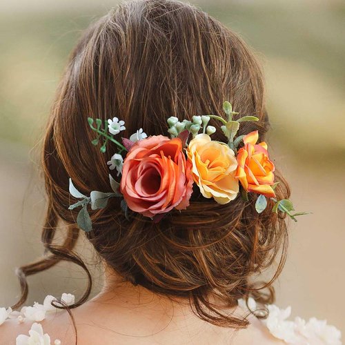 Fangsen Wedding Boho Orange Rose Flower Hair Clips Floral Hair Accessories for Brides and Bridesmaids Silver