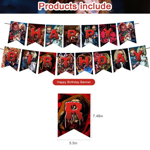 Bride of Chucky Party Decorations,Birthday Party Supplies For Horror Movie Character Chucky Party Supplies Includes Banner-Cake Topper-12 Cupcake Toppers - 18 Balloons