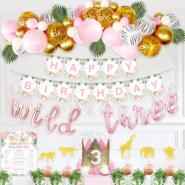 Young Wild and Three Decorations Girls, Hombae Safari Birthday Decorations 3rd, Jungle Theme Birthday Decorations Third, Wild Three Party Supplies Kit, Safari Balloon Garland Kit, Young Wild and Three