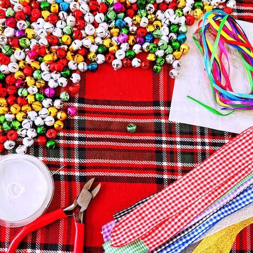 14 Sets Wreath Tree Ornaments Craft Kit with Ribbons, Bows and Bells Assortment for Kids Holiday Winter Bracelets and Necklaces