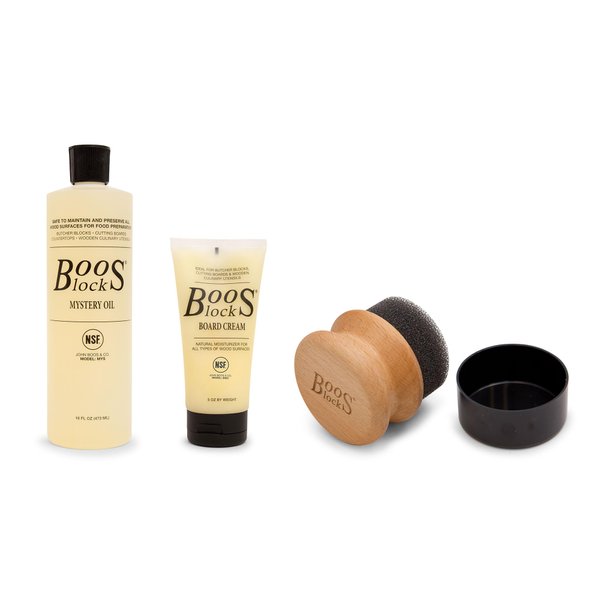 John Boos 3 Piece Cutting Charcuterie Board Care & Maintenance Set with Food Safe Mystery Oil, Board Cream, and Applicator, Wooden Kitchen Essentials