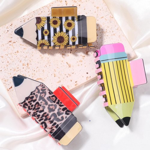 Vsdski 3Pcs Pencil Hair Claw Clips for Women Fun Teacher Hair Clips Sunflower Stripe Hairpins Non Slip Barrettes for Thick Thin Hair Back To School Hair Accessories for Teacher Appreciation Gifts