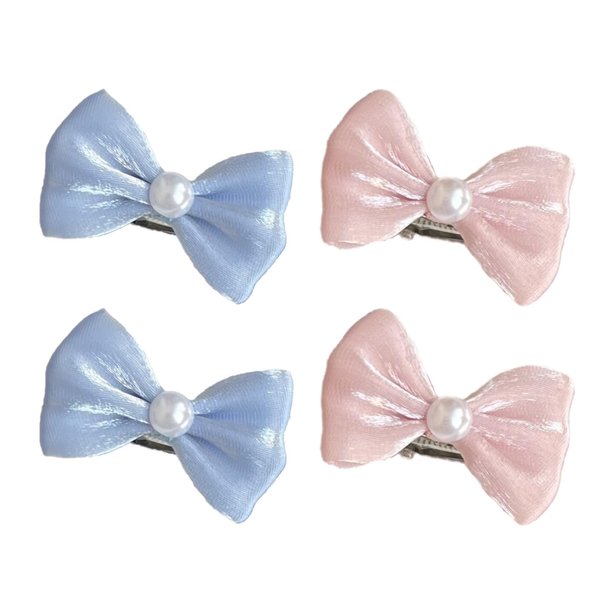 Pearl Hair Bows Clip for Girls - 4Pcs French Blue White Ribbon Hair Bows Duck Billed Mesh Alligator Hair Clips Hair Styling Clips Bowknot Hair Barrettes Hair Accessories for Girls Teens Kids Womens