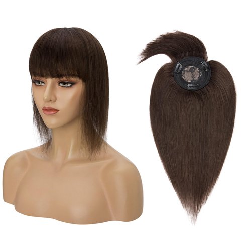 MY-LADY Top Hairpieces for Womem with Bangs Natural Mono Base Topper 100% Real Human Hair Clip in on Hair Piece Straight Middle Part for Hair Loss Thinning Hair Gray 14 Inch 2# Dark Brown