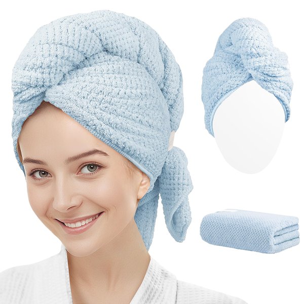 Luckzong Microfiber Hair Towel Wrap for Women/Men,Hair Wrap Towels for Curly Hair,Hair Turban Towel with Elastic Band,Head Towel for Wet/Long/Thick Hair,Hair Plopping Towel Curly (Blue)