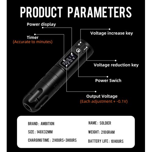 Ambition Soldier Rotary Battery Pen Tattoo Cartridge Machine with 2400mAh Wireless Power Japan Coreless Motor Digital LED Display Tattoo Equipment Supply for Professionals and Beginners Tattoo Artists
