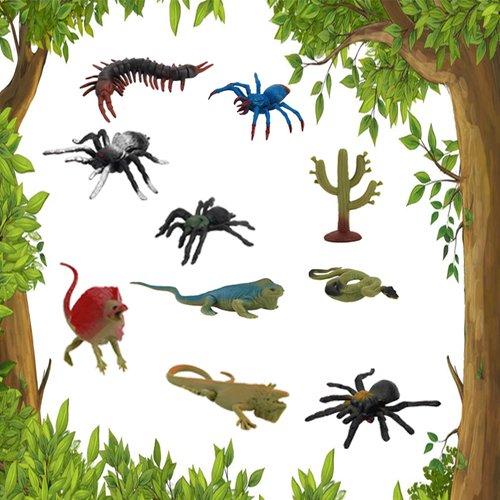 AUCOOMA Reptile Animals Figurines Toys, 11 PCS Realistic Insect Model Figures,Desert Tropical Wild Animal,Birthday Cake Decor Set with Spiders, Snake, Crocodile, Lizards, Centipede, Cactus