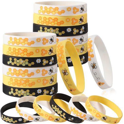 Bee Bracelet Silicone Bee Wristband Assorted Color Bee Theme Party Favors Bee Teachers Decorations Classroom Decorations Bees Wristband for Boy Girl Bee Birthday Baby Shower Party Supply (96 Pieces)