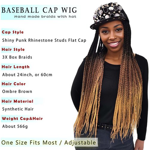 ELVAELFI 24inch Box Braid Hair Extensions Ombre Brown, Punk Studs Flat Baseball Cap Wigs for Women Girls Easy Wear