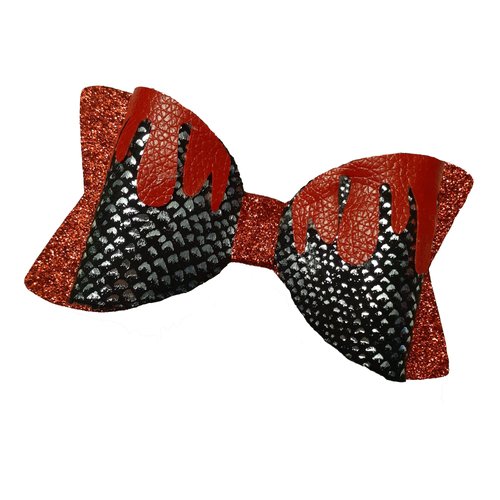 Black & Red Hair Bow Barrette - Faux Leather - Dripping Blood Design with Red Glitter 4 1/2 inches long