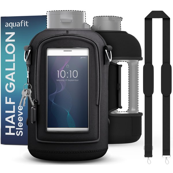 AQUAFIT Half Gallon Water Bottle Sleeve, Neoprene 64 oz Water Bottle Sleeve with Adjustable Shoulder Strap and Pocket, 64oz Water Bottle Sling Bag, Water Jug Holder (Sleeve Only - No Bottle, Black)