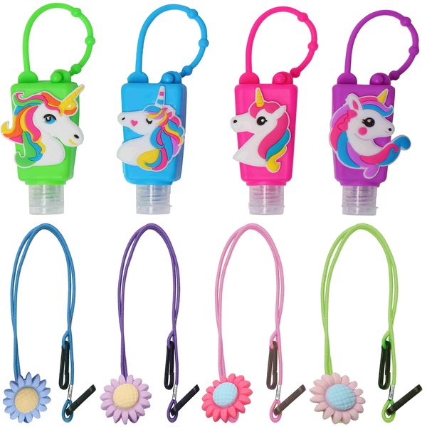 KINIA 8 PACK 4 Unicorn Empty Hand Sanitizer Refillable Containers Holder, 4-1 fl oz Flip Cap Empty Bottles, 4 Pack Lanyards (4+4-Variety Pack UNICORN)
