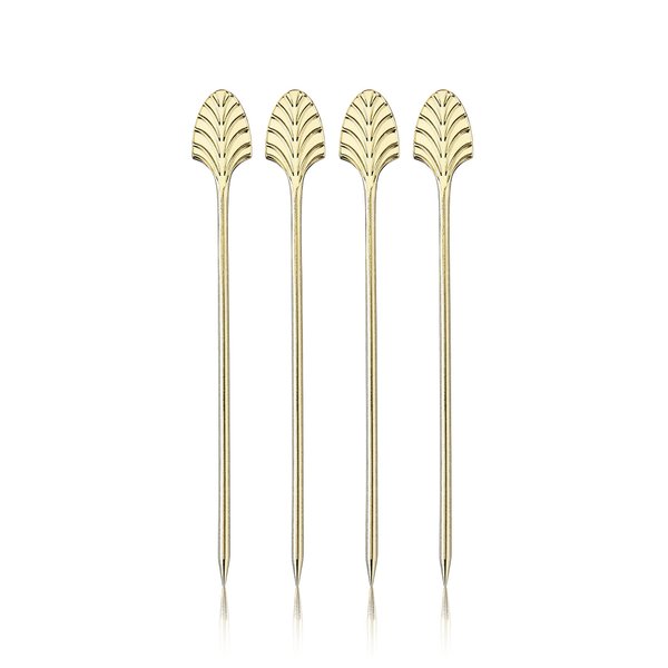 Viski Gold Art Deco Cocktail Picks, Stainless Steel Cocktail Picks for Drinks, Garnish Picks, Cocktail Skewers, Barware Accessories, 5in, Set of 4