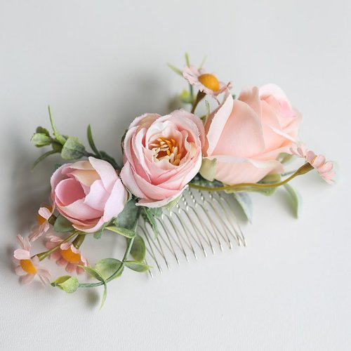 Fangsen Wedding Boho Pink Rose Sunflower Chamomile Buds Flower Hair Clips Floral Comb With Hair Piece and Hair Vines for Brides and Bridesmaids Silver