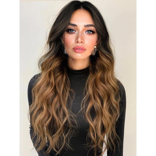 AISI BEAUTY Long Ombre Brown Wigs for Women 26 Inch Middle Part Wavy Wig Long Curly Wavy Synthetic Resistant Wigs for Daily Party Use(Ombre Black to Brown)