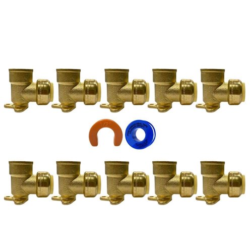 Push Fit Drop Ear Elbow, Brass PTC X FPT, Easy, Fast Removable Reusable, Compatible with Copper tubing,CTS,CPVC, HDPE,and PEX fittings,Indoor or Outdoor Plumbing Tool size 1/2, 3/4 inch-10 PACK (1/2")