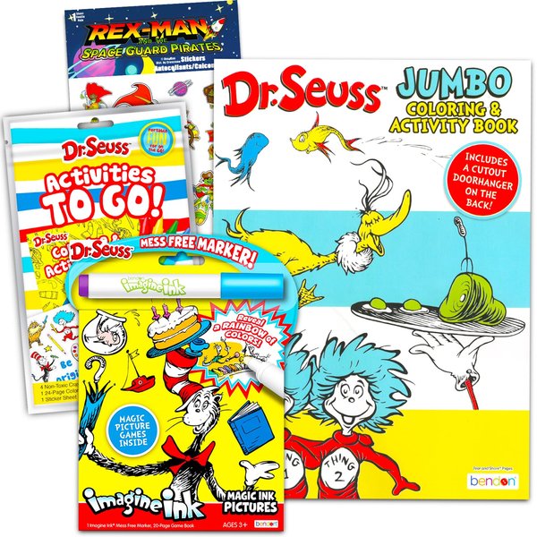 Dr. Seuss Coloring Book Set for Kids - Bundle with Dr Seuss Imagine Ink, Jumbo Coloring Book, Stickers, Featuring Cat in The Hat, Green Eggs and Ham and More