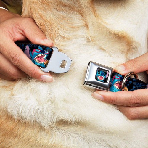 Buckle-Down Seatbelt Buckle Dog Collar - Stitch Snacking Poses Black/Blue - 1" Wide - Fits 11-17" Neck - Medium