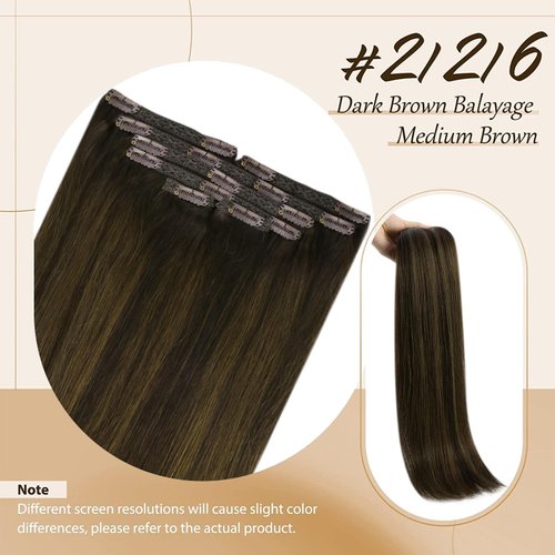 Sunny Clip in Hair Extensions Real Human Hair Short Clip in Extensions Dark Brown Ombre Medium Brown Balayage Clip in Human Hair Extensions Dark Roots Brown Hair Extensions 14inch 7Pcs