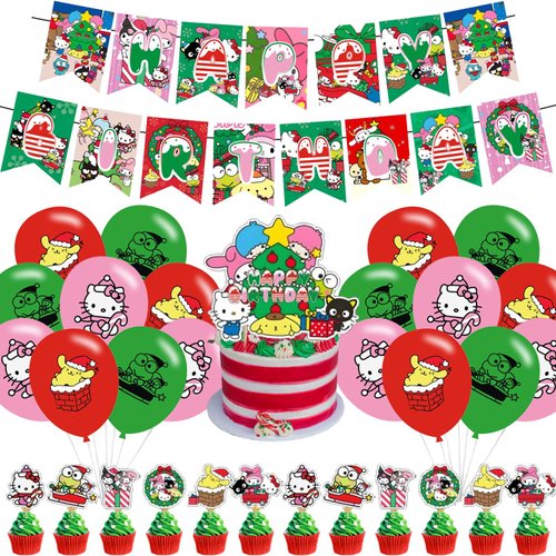 Christmas Birthday Party Supplies, Kawaii Theme Party Decorations Include Birthday Banner Cake Toppers Balloons for Girls and Boys Baby Show