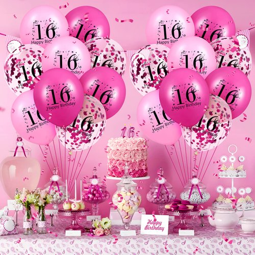 Pink 16th Birthday Balloons 18Pcs Pink Hot Pink Happy 16th Birthday Latex Balloons Hot Pink 16th Birthday Party Decorations for Girls Boys 16th Birthday Anniversary Party Supplies 12 inch