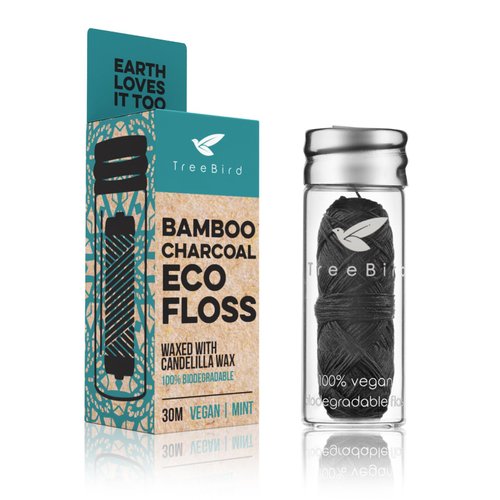Organic Biodegradable Bamboo Charcoal Dental Floss & Refillable Glass Holder | Vegan | Naturally Waxed with Candelilla Wax | 33yd Thread Spool | Eco-Friendly Zero Waste Oral Care | Mint Flavored