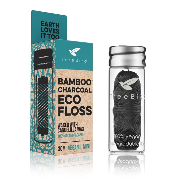 Organic Biodegradable Bamboo Charcoal Dental Floss & Refillable Glass Holder | Vegan | Naturally Waxed with Candelilla Wax | 33yd Thread Spool | Eco-Friendly Zero Waste Oral Care | Mint Flavored