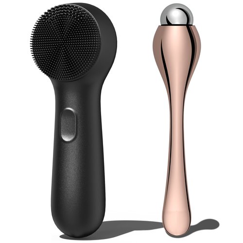 NågraCoola CLIE Silicone Face Scrubber, Facial Cleansing Brush, Rechargeable, Waterproof Face Scrub Brush for Deep Cleansing, Exfoliating, Massage, with Eye Roller, for Women and Men-Black
