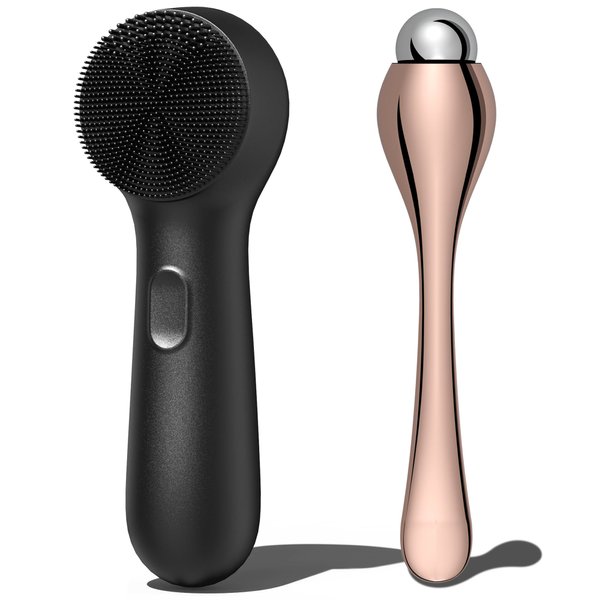 NågraCoola CLIE Silicone Face Scrubber, Facial Cleansing Brush, Rechargeable, Waterproof Face Scrub Brush for Deep Cleansing, Exfoliating, Massage, with Eye Roller, for Women and Men-Black