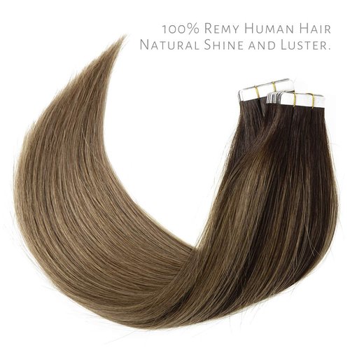 Lacerhair Natural Hair Extensions Remy Tape in Human Hair Extensions Balayage Seamless PU Skin Weft 100% Real Virgin Hair Ombre Darkest Brown to Chestnut Brown Color 50g 20pcs/set 22 Inch
