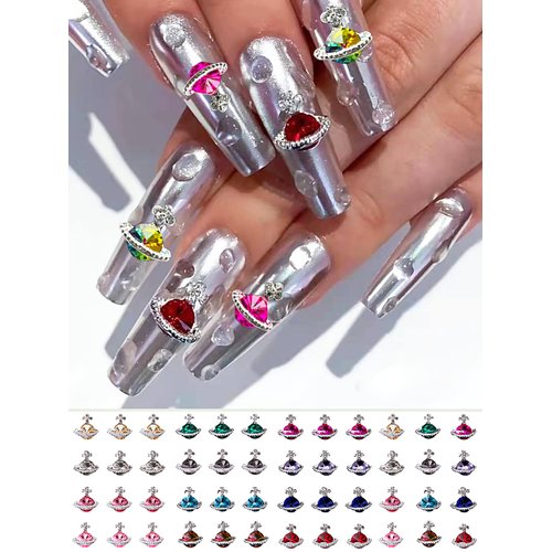 60 Pcs Planet Nail Charms Nail Rhinestones 3D Shiny Saturn Shape Nail Art Alloy Diamond Crystal Luxury Nail Ornament Gems for Girls Nail Art DIY Crafts Decoration Supplies(12 Colors)
