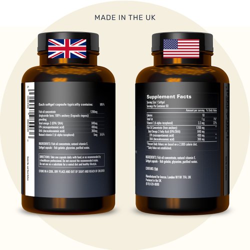 Omega 3 Fish Oil 1200mg (480mg EPA/360mg DHA per Capsule) High Strength, Ultra Pure, Eco Friendly 60 Capsules, 2 Months Supply. GMP & Friends of The Sea Certification