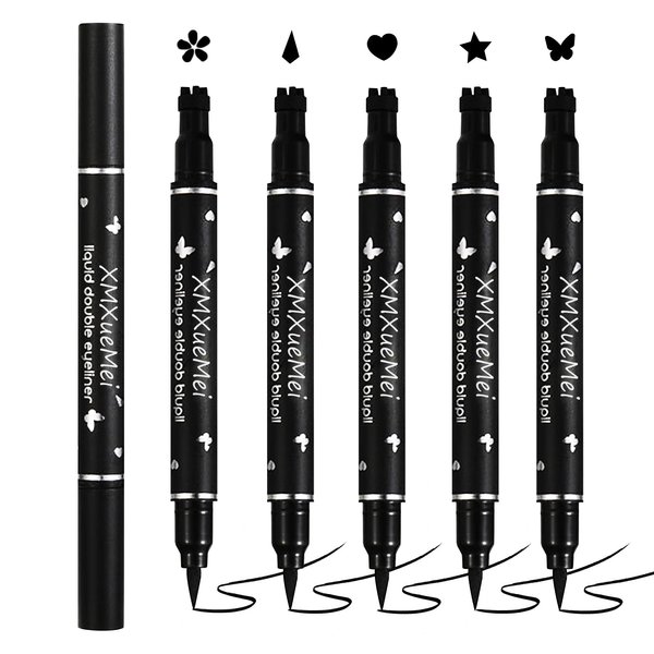 XMXueMei Double Side Liquid Winged Eyeliner Stamp,Smudge Proof Waterproof Eyeliner Pen Set,Long-Lasting Eye Liner Face Makeup,Star Flowers Hearts Triangle Black Eyeliner Stamp Pencil（5PCS）