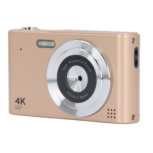 4K Digital Camera, 16X Digital Zoom 48MP Vlog Camera, 2.4in Screen, Built in Flashlight, CCD Camera, Anti Shake, Portable Camera for Beginners and Children (Gold)