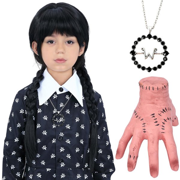 Bettecos Girls and Kids Wednsday Wig with Thing Hand and Necklace Long Black Heat Resistant Synthetic Pigtails Hair Wigs for Children Halloween Party Cosplay Costume