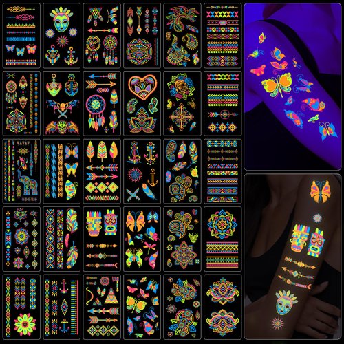 32 Sheets Glow in The Dark Temporary Tattoos 180+ Styles Aldult Kid Fluorescence UV Neon Body Face Fake Waterproof Tattoo Sticker for Women Men, Rave Live House Festival Accessory Party Supplies
