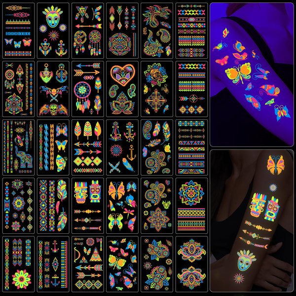 32 Sheets Glow in The Dark Temporary Tattoos 180+ Styles Aldult Kid Fluorescence UV Neon Body Face Fake Waterproof Tattoo Sticker for Women Men, Rave Live House Festival Accessory Party Supplies
