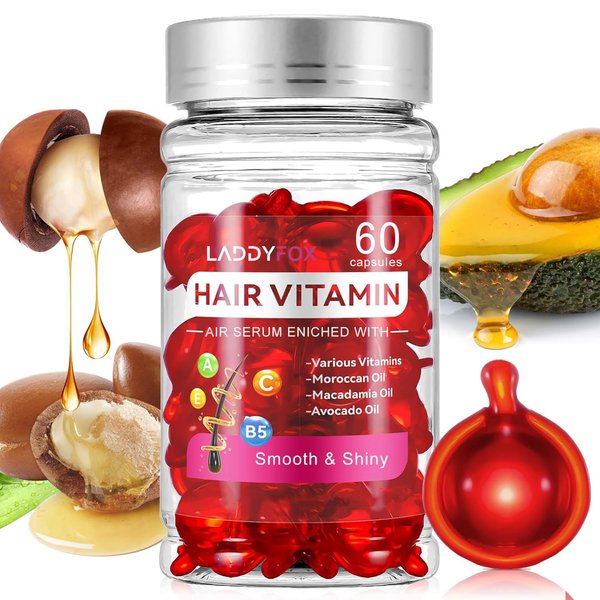 DEERELF 60 Pcs Hair Vitamin Oil Capsule, Hair Treatment Serum Enriched with Moroccan Oil,Avocado Oil, Macadamia Oil,Vitamins A C E Pro B5, No Rinse and Safe，Suitable for All Hair Types