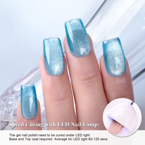 Imtiti Deep Sky Blue Color Gel Nail Polish,0.5fl oz Holographic 9D Cat eyes Glitter Magnetic Gel Polish UV Gel Nail Polish with Magnetic Stick for Nail Salon