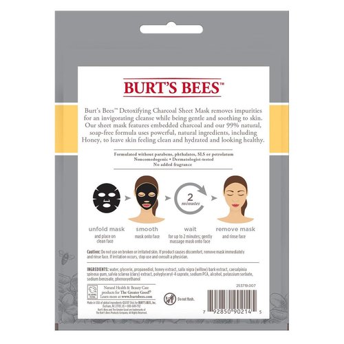 Burt's Bees Detoxifying Charcoal Facial Sheet Mask, Single Use Face Mask, 1 Count, Pack of 6 (Package May Vary)