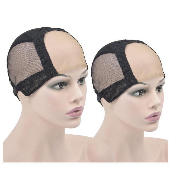 YTBYT 2 Pieces Black 4X4 Inch U Part Swiss Lace Wig Cap With Adjustable Straps on the Back Glueless Hairnets Lace wig Cap for Making Wig（Black L）