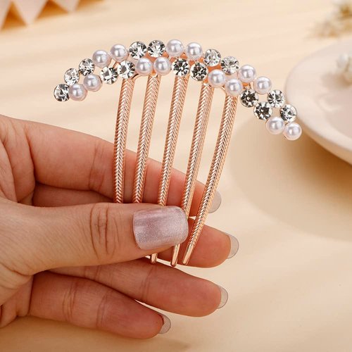 Jumwrit Wedding Crystal Hair Comb Rose Gold Rhinestone Pearl Hair Side Comb Vintage Bride Bridesmaid Headpiece Hair Clip Comb Decorative Bridal Hair Jewelry for Women Girls(Style 2)