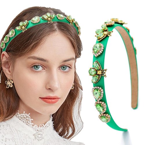 Coridy Thin Green Headbands for Women Crystal Rhinestone Hairbands with Gemstone Bee Head Bands Luxury Bejeweled Headbands (Vintage) (Green)