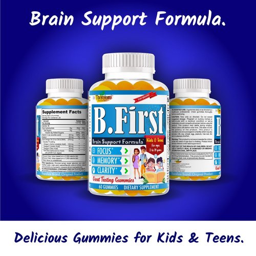 B.First Brain Supplements for Memory and Focus, Brain Booster for Kids, Teens & Children, Omega 3 Fatty Acids Enhance Attention, Clarity, Concentration, Tasty Easy-to-Swallow 60 Chewable Gummies