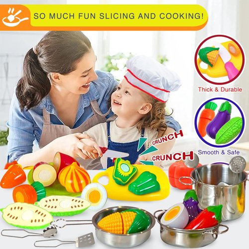 FUNERICA Cutting Play Food Fruits and Vegetables and Accessories Sets for Kids Toy Kitchen (Cookware +Polka-dot Apron +Container)