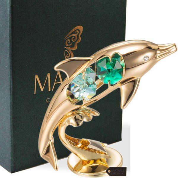 Matashi Gifts - 24K Gold Plated Crystal Studded Dolphin Riding Wave Figurine - Tabletop Gift for Anniversary - Birthday - Holiday - Family - Metal Gift Ornament