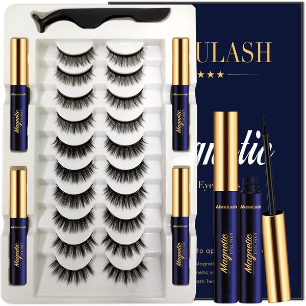 AkesuLash Magnetic Eyelashes Natural Look - Magnetic Lashes with 4 Tube of Magnetic Eyeliner - 10 Pairs Mangetic False Eyelashes Kit with Applicator - Easy to Apply