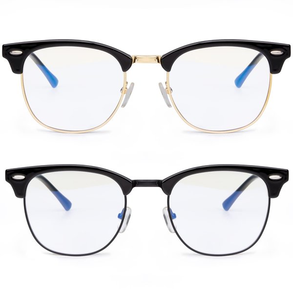 NSSIW Blue Light Glasses for Women and Men, Advanced Computer Glasses, Gaming Glasses, Semi Rimless with Blue Light Blocking, 11 Glossy Black/Golden Rim + Glossy Black/Black Rim, M
